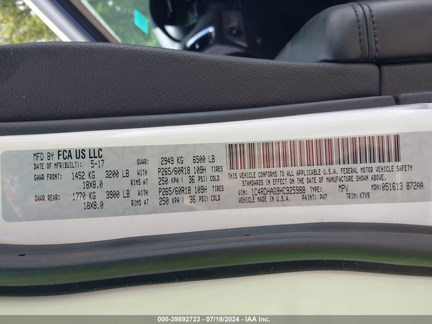 2017 DODGE DURANGO SXT RWD - 1C4RDHAG9HC925988