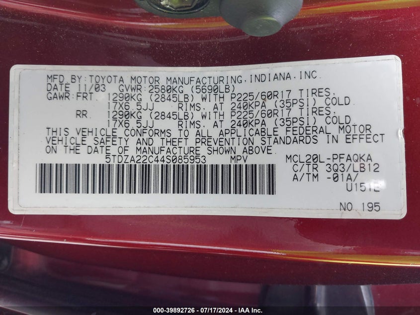 2004 Toyota Sienna Xle Limited VIN: 5TDZA22C44S085953 Lot: 39892726
