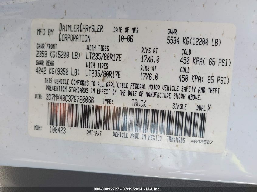2007 Dodge Ram 3500 Slt/Sport VIN: 3D7MX48C37G720066 Lot: 39892727