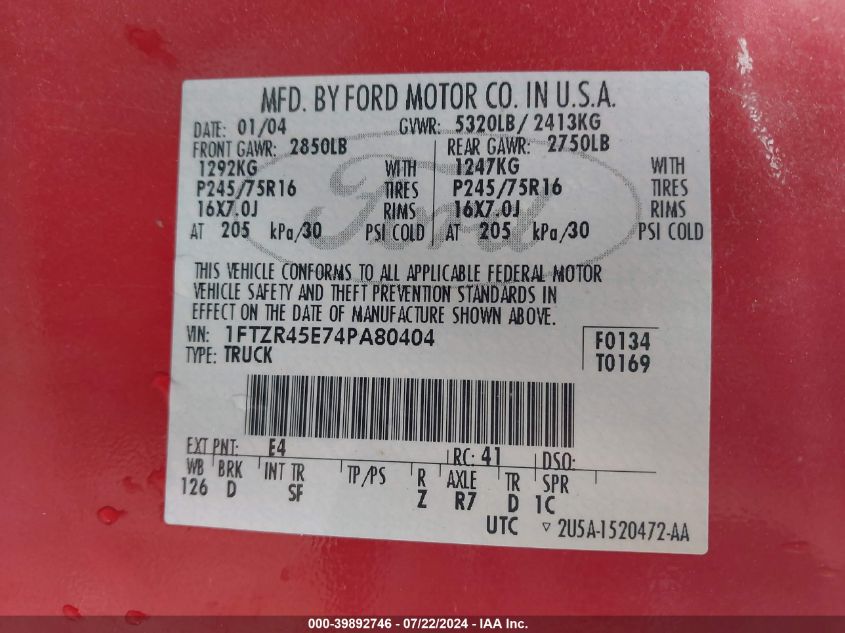 2004 Ford Ranger Edge/Tremor/Xlt VIN: 1FTZR45E74PA80404 Lot: 39892746