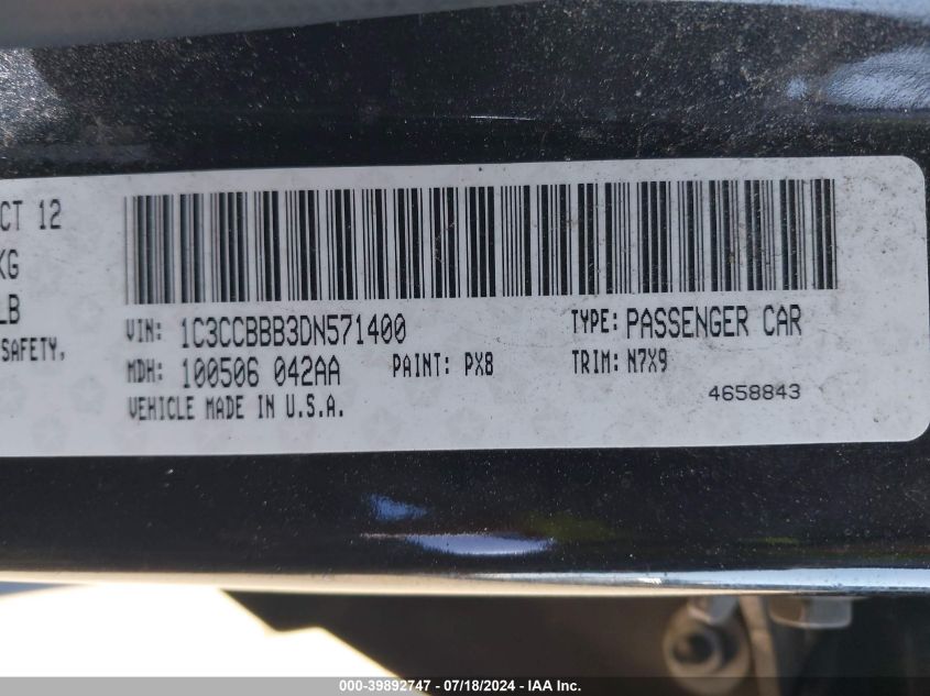 2013 Chrysler 200 Touring VIN: 1C3CCBBB3DN571400 Lot: 39892747