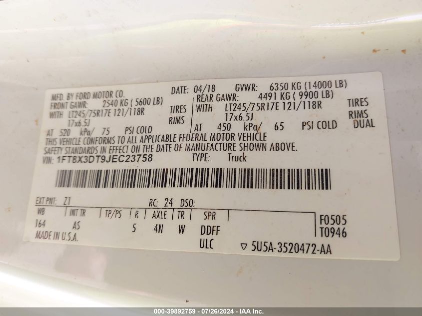 2018 Ford F350 Super Duty VIN: 1FT8X3DT9JEC23758 Lot: 39892759