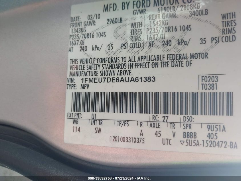 2010 Ford Explorer Xlt VIN: 1FMEU7DE6AUA61383 Lot: 39892758