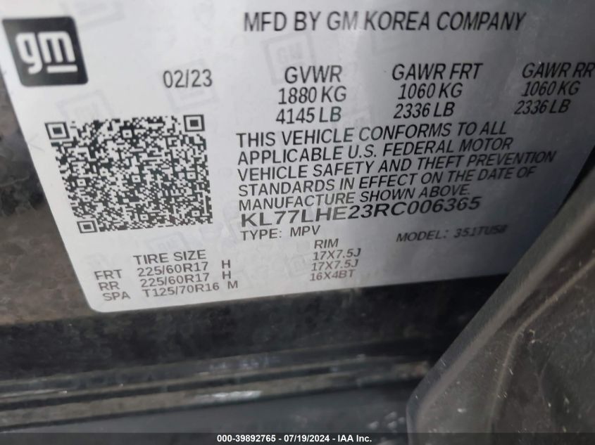 2024 Chevrolet Trax 1Lt VIN: KL77LHE23RC006365 Lot: 39892765