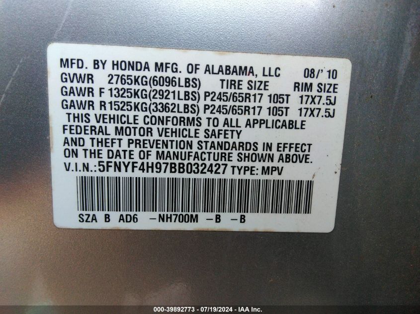 2011 Honda Pilot Touring VIN: 5FNYF4H97BB032427 Lot: 39892773