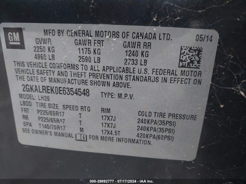 2014 GMC Terrain Sle-2 VIN: 2GKALREK0E6354548 Lot: 39892777