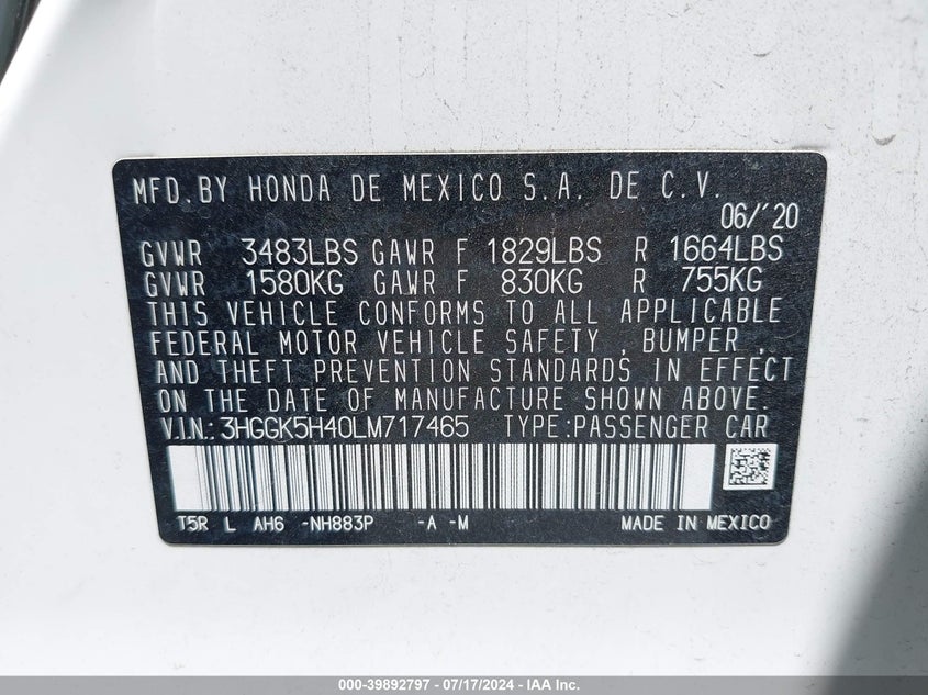 VIN 3HGGK5H40LM717465 2020 HONDA FIT LX