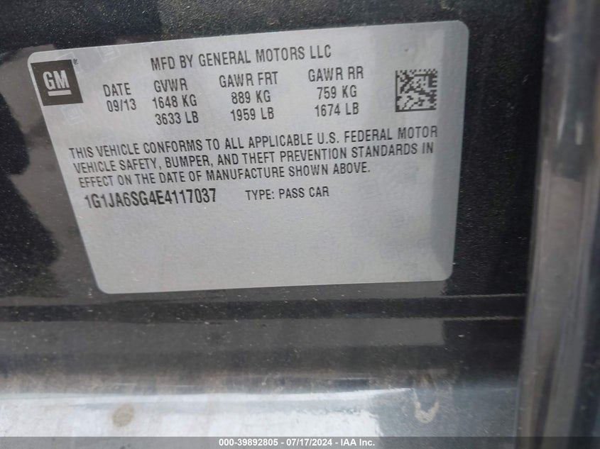 2014 Chevrolet Sonic Ls Auto VIN: 1G1JA6SG4E4117037 Lot: 39892805