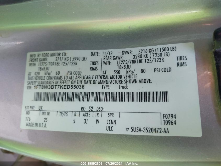 2019 Ford F350 Super Duty VIN: 1FT8W3BT7KED55036 Lot: 39892808