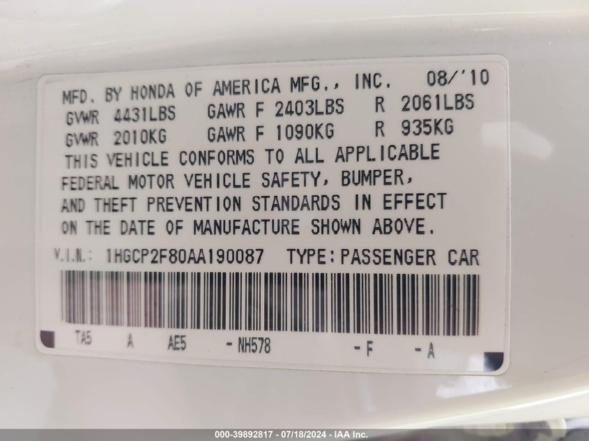2010 Honda Accord 2.4 Ex-L VIN: 1HGCP2F80AA190087 Lot: 39892817