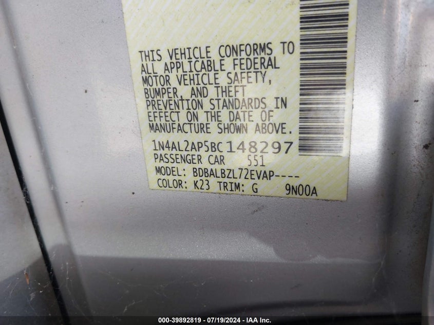 2011 Nissan Altima 2.5 S VIN: 1N4AL2AP5BC148297 Lot: 39892819