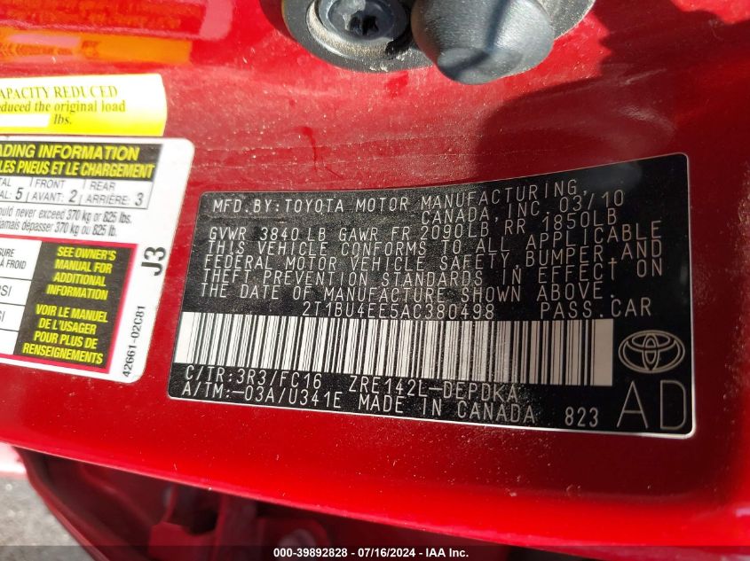 2010 Toyota Corolla Le VIN: 2T1BU4EE5AC380498 Lot: 39892828