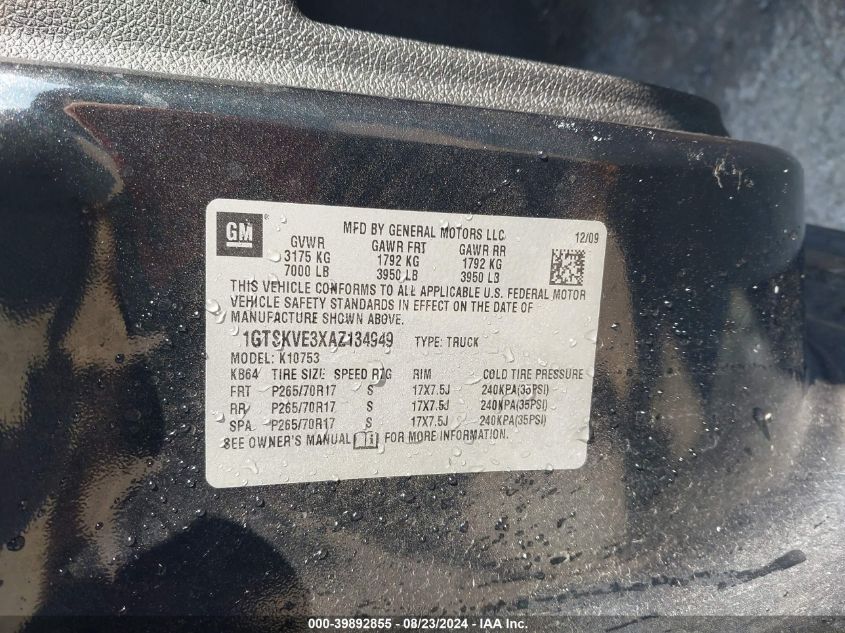 2010 GMC Sierra 1500 Sle VIN: 1GTSKVE3XAZ134949 Lot: 39892855