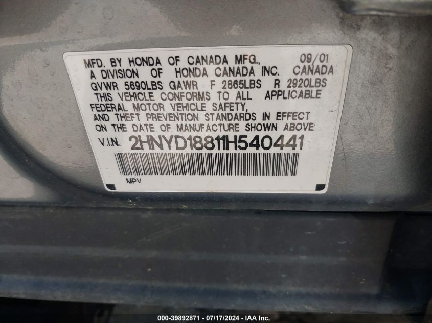 2001 Acura Mdx VIN: 2HNYD18811H540441 Lot: 39892871