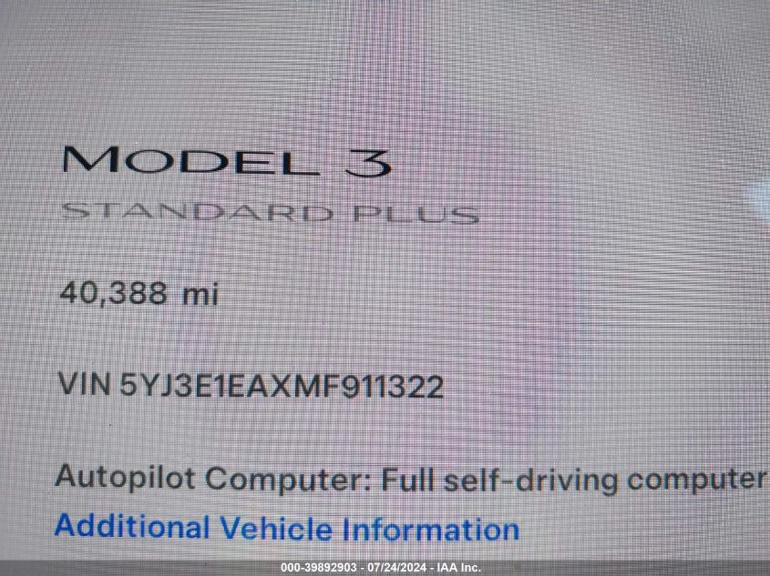 2021 Tesla Model 3 Standard Range Plus Rear-Wheel Drive VIN: 5YJ3E1EAXMF911322 Lot: 39892903