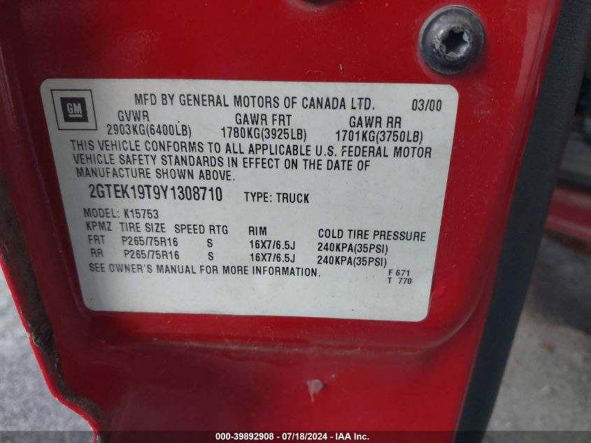 2000 GMC Sierra 1500 Sle VIN: 2GTEK19T9Y1308710 Lot: 39892908