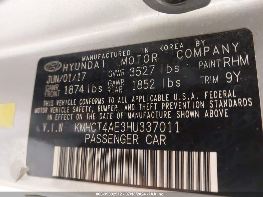 2017 Hyundai Accent Se VIN: KMHCT4AE3HU337011 Lot: 39892912