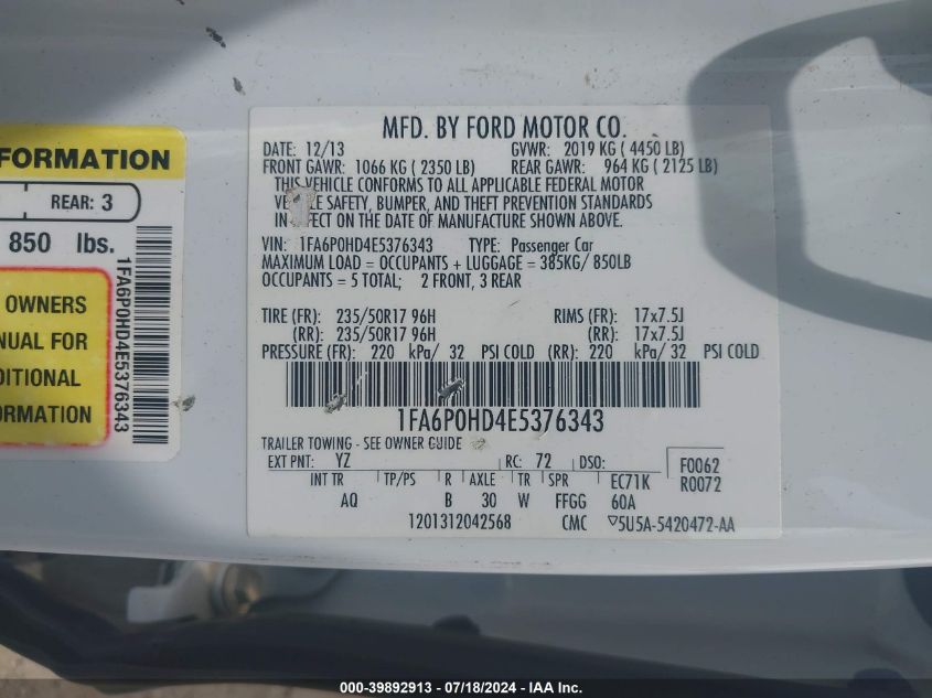 2014 Ford Fusion Se VIN: 1FA6P0HD4E5376343 Lot: 39892913