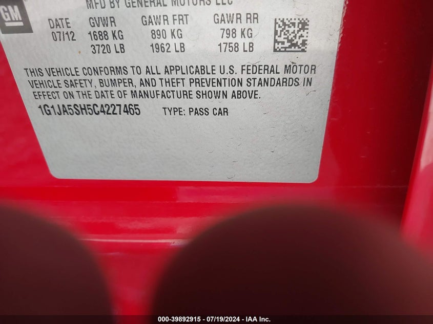 2012 Chevrolet Sonic 2Ls VIN: 1G1JA5SH5C4227465 Lot: 39892915