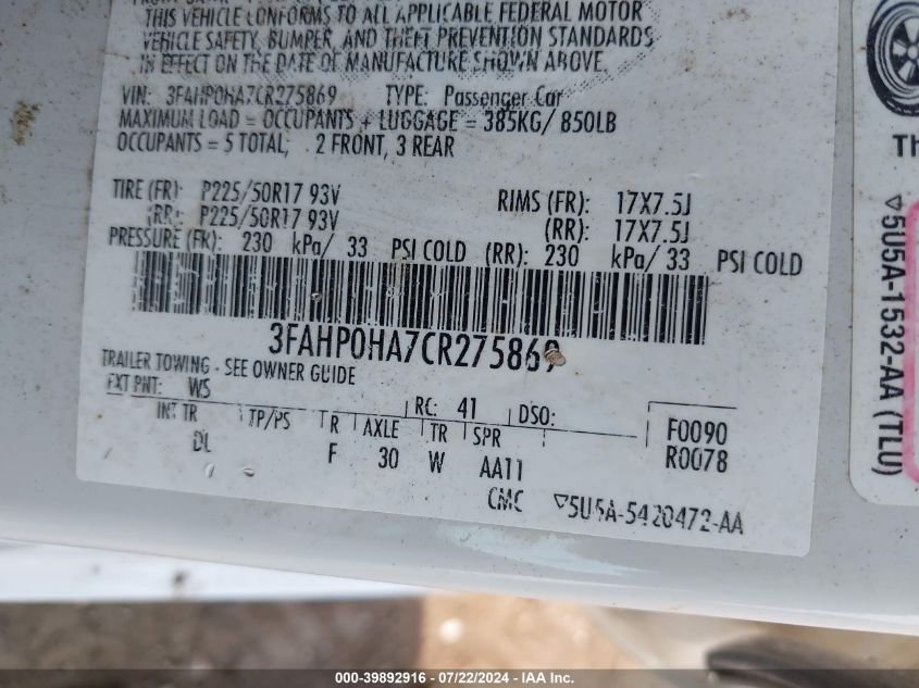 2012 Ford Fusion Se VIN: 3FAHP0HA7CR275869 Lot: 39892916