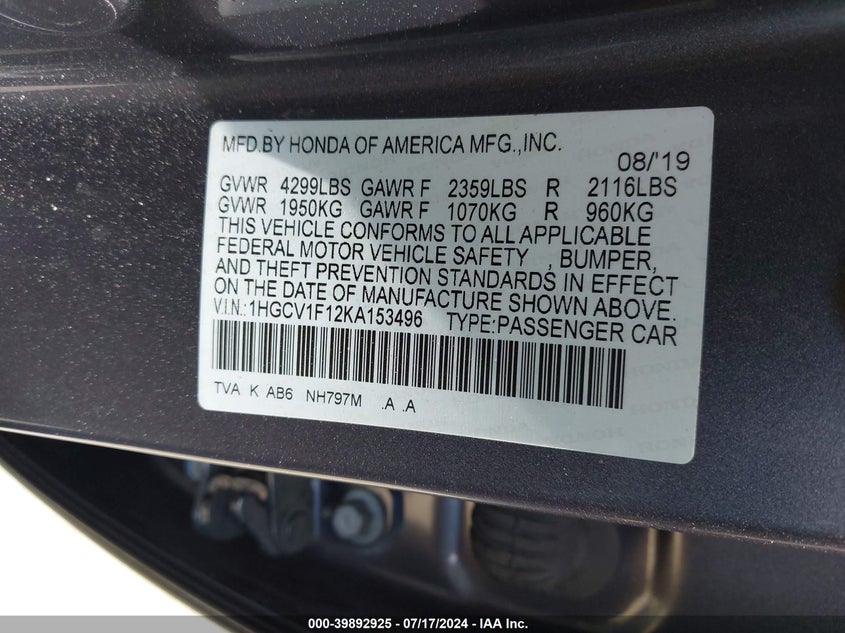 VIN 1HGCV1F12KA153496 2019 HONDA ACCORD LX