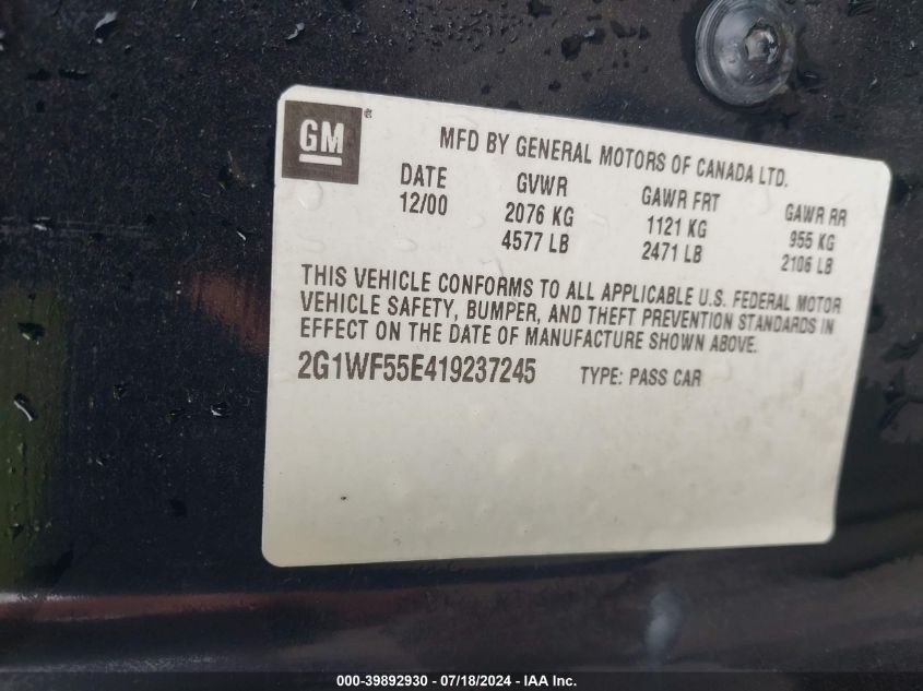2001 Chevrolet Impala VIN: 2G1WF55E419237245 Lot: 39892930