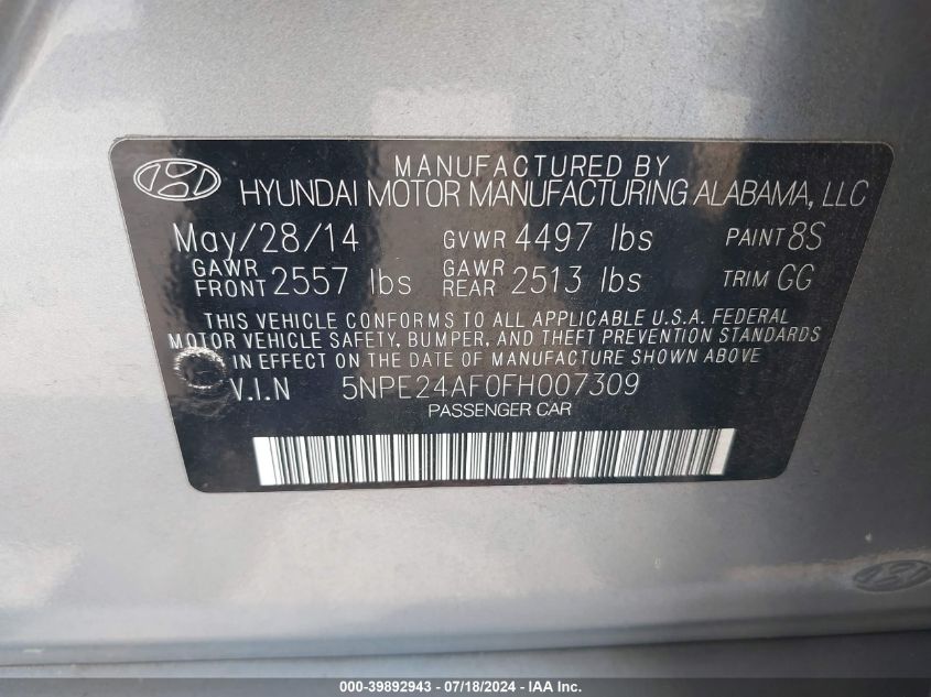 2015 Hyundai Sonata Se VIN: 5NPE24AF0FH007309 Lot: 39892943