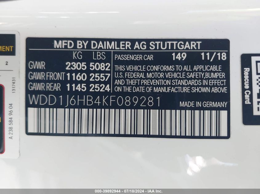 2019 Mercedes-Benz E 450 VIN: WDD1J6HB4KF089281 Lot: 39892944