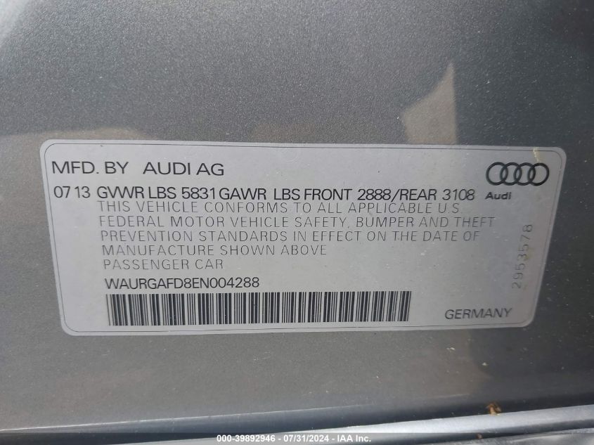 2014 AUDI A8 L 3.0T - WAURGAFD8EN004288