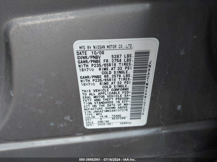 2010 Nissan Murano Sl VIN: JN8AZ1MW2AW107276 Lot: 39892951