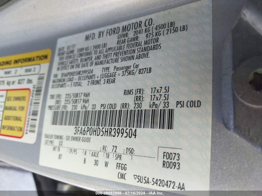 2017 Ford Fusion Se VIN: 3FA6P0HD5HR399504 Lot: 39892958