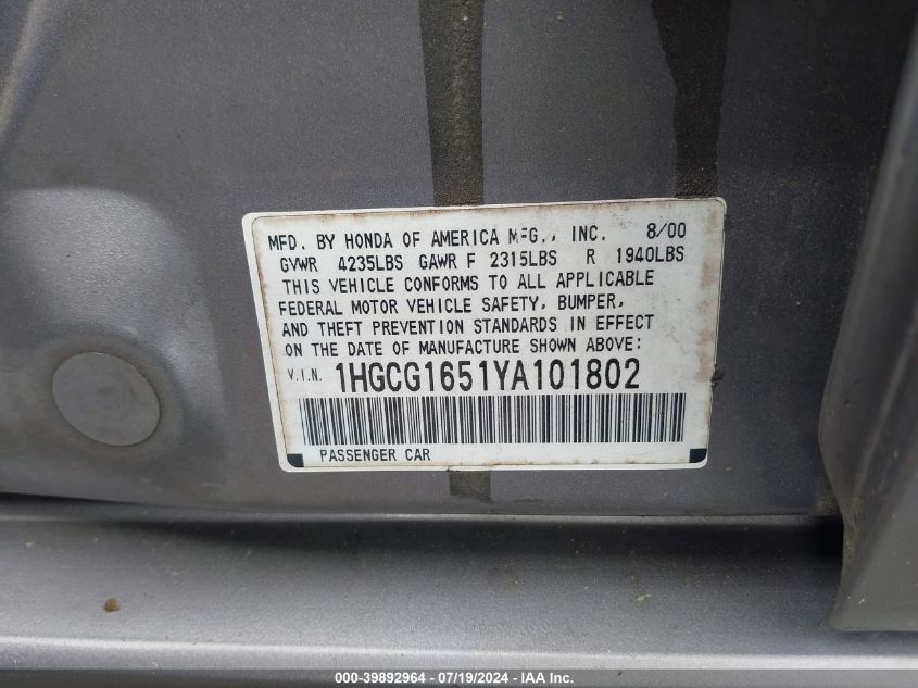 2000 Honda Accord Ex VIN: 1HGCG1651YA101802 Lot: 39892964