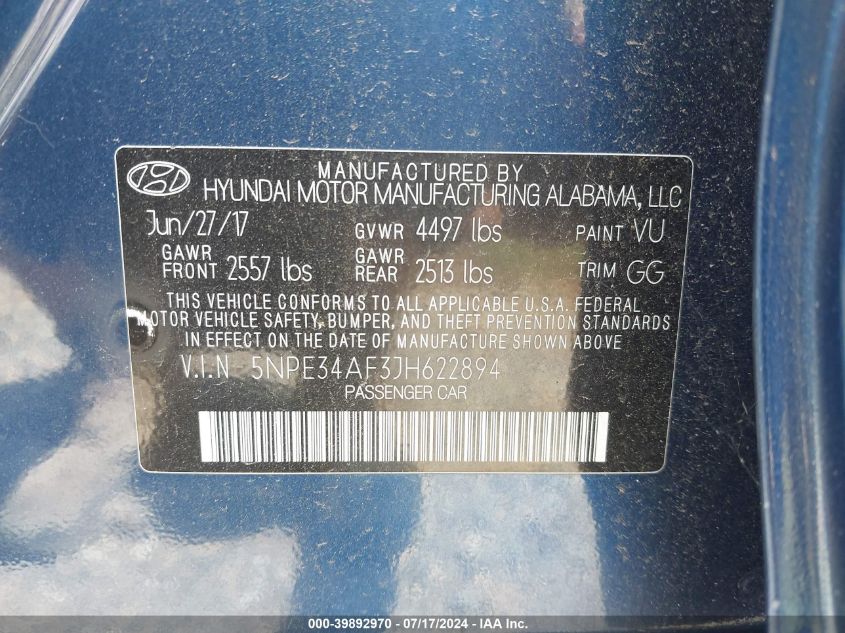 5NPE34AF3JH622894 | 2018 HYUNDAI SONATA