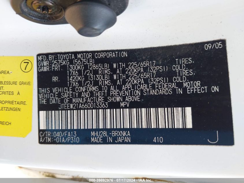 2006 Toyota Highlander Hybrid V6 (Ecvt) VIN: JTEEW21A660013363 Lot: 39892976