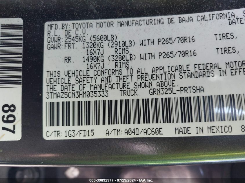 2017 Toyota Tacoma Dbl Cab/Sr5/Trd Sport/Or VIN: 3TMAZ5CN3HM035333 Lot: 39892977