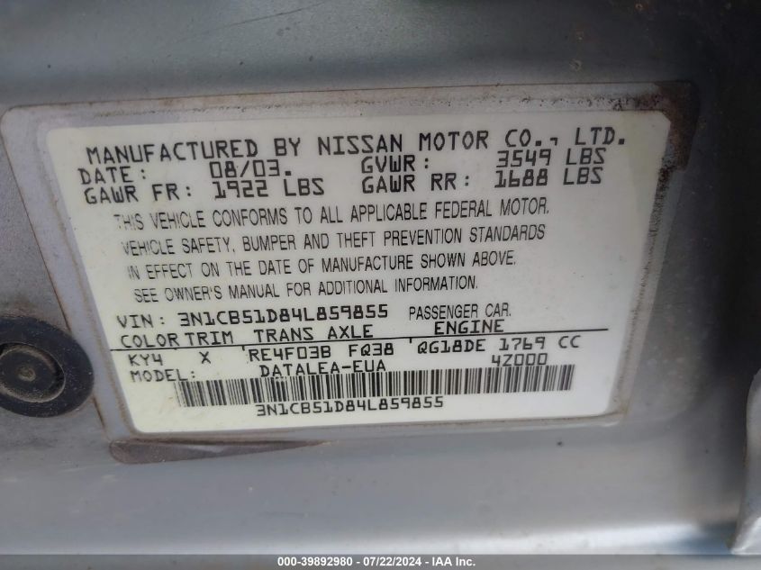 2004 Nissan Sentra 1.8S VIN: 3N1CB51D84L859855 Lot: 39892980