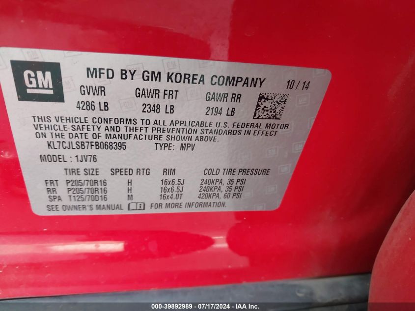 2015 Chevrolet Trax Lt VIN: KL7CJLSB7FB068395 Lot: 39892989