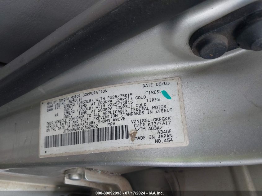 JT3HN86R010356902 2001 Toyota 4Runner Sr5 V6