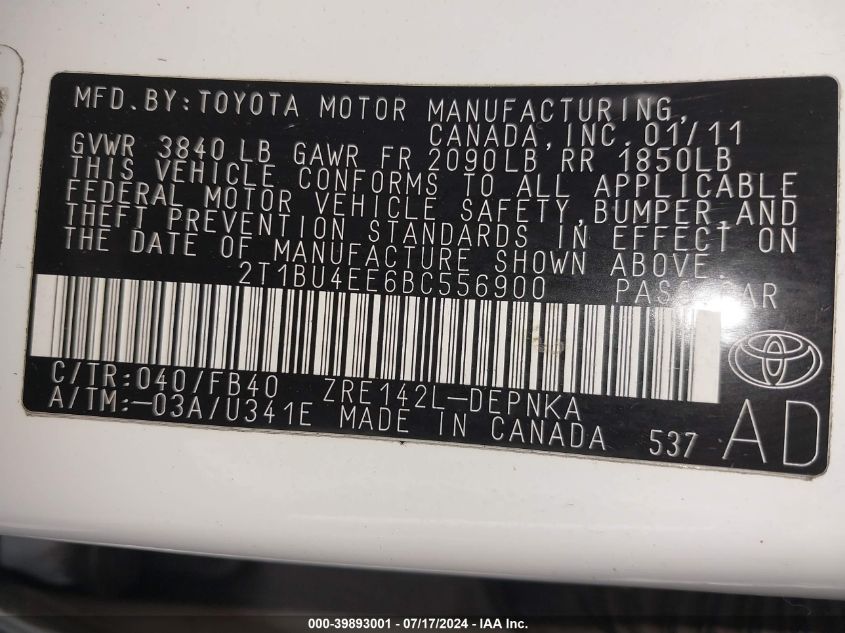 2011 Toyota Corolla Le VIN: 2T1BU4EE6BC556900 Lot: 39893001