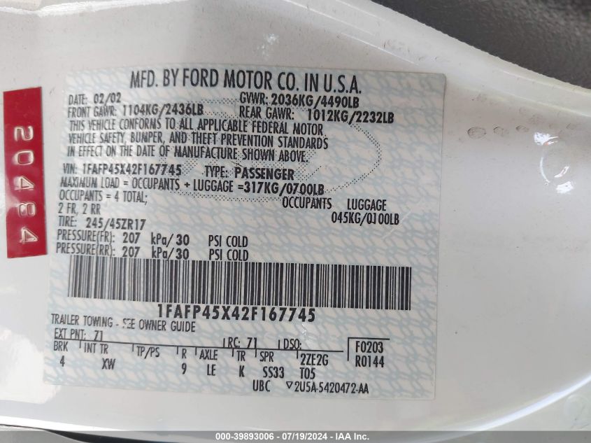 2002 Ford Mustang Gt VIN: 1FAFP45X42F167745 Lot: 39893006