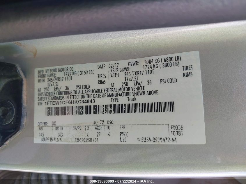 VIN 1FTEW1CF6HKC84843 2017 FORD F-150 XLT