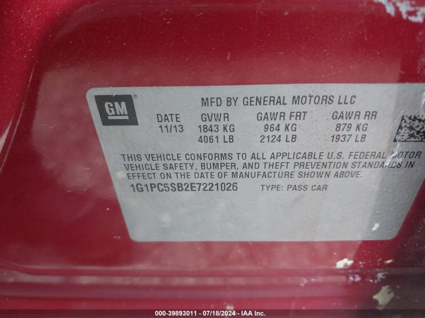 2014 Chevrolet Cruze 1Lt Auto VIN: 1G1PC5SB2E7221026 Lot: 39893011