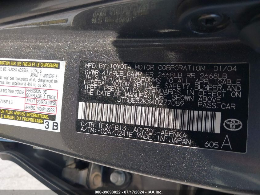 2004 Toyota Camry Le VIN: JTDBE32KX40277089 Lot: 39893022