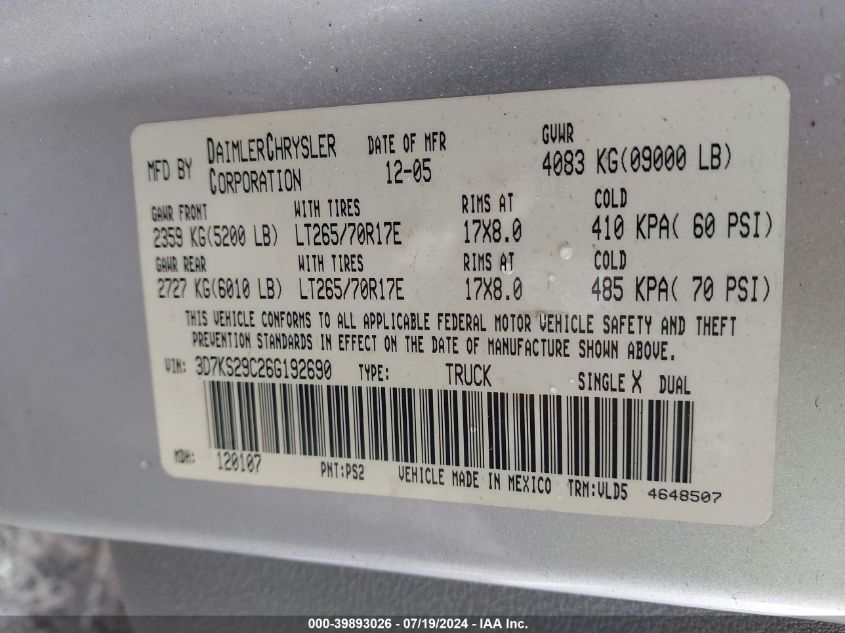 2006 Dodge Ram 2500 Laramie VIN: 3D7KS29C26G192690 Lot: 39893026