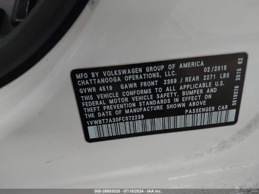 2015 Volkswagen Passat Se VIN: 1VWBT7A30FC072239 Lot: 39893028