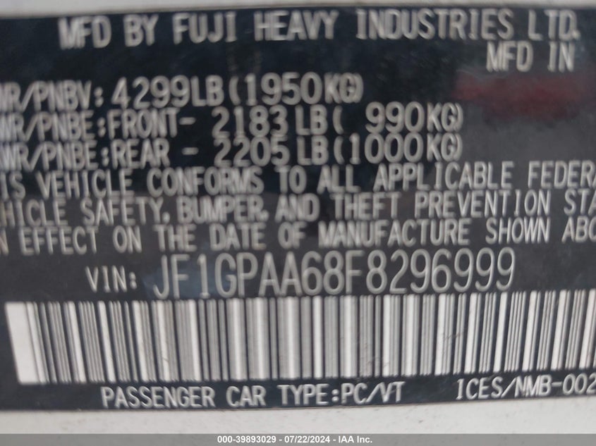 2015 SUBARU IMPREZA - JF1GPAA68F8296999