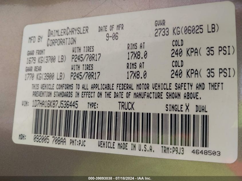 2007 Dodge Ram 1500 St VIN: 1D7HA16K87J536445 Lot: 39893038