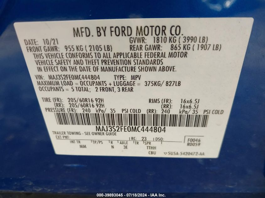 MAJ3S2FE0MC444804 2021 Ford Ecosport S