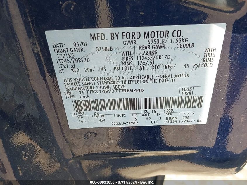 2007 Ford F-150 Fx4/Stx/Xl/Xlt VIN: 1FTRX14W37FB66446 Lot: 39893053