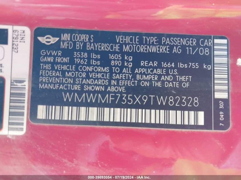 2009 Mini Cooper S VIN: WMWMF735X9TW82328 Lot: 39893054